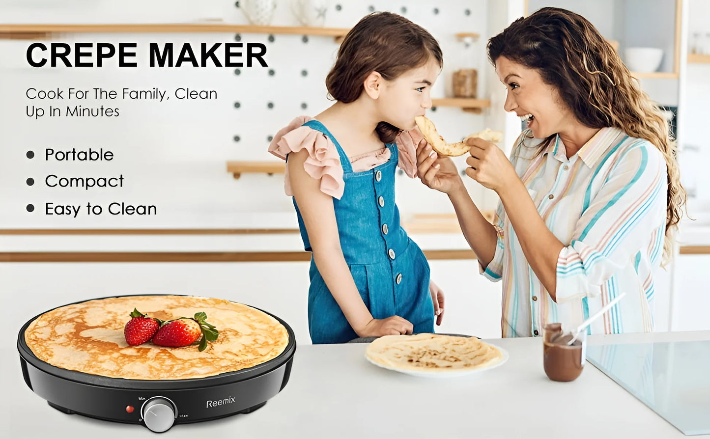 Crepe Maker Machine, Reemix Nonstick 12” Electric Griddle, Compact Pancake Griddle Precise Temperature Control, Batter Spreader for Eggs, Pancakes, Includes Spatula, Spreader(Black)