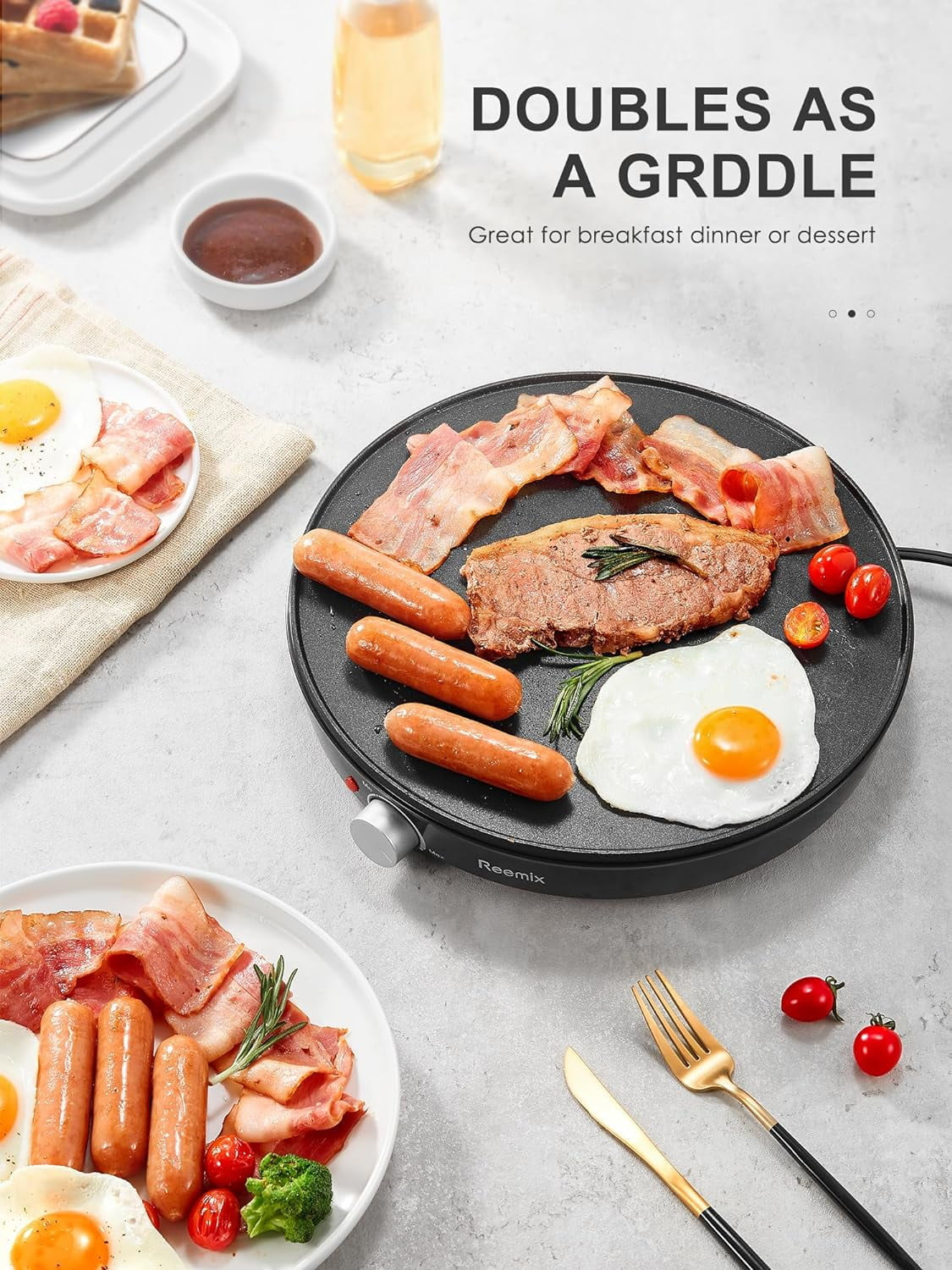 Crepe Maker Machine, Reemix Nonstick 12” Electric Griddle, Compact Pancake Griddle Precise Temperature Control, Batter Spreader for Eggs, Pancakes, Includes Spatula, Spreader（Black）