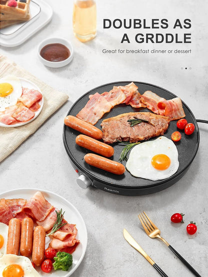Crepe Maker Machine, Reemix Nonstick 12” Electric Griddle, Compact Pancake Griddle Precise Temperature Control, Batter Spreader for Eggs, Pancakes, Includes Spatula, Spreader（Black）
