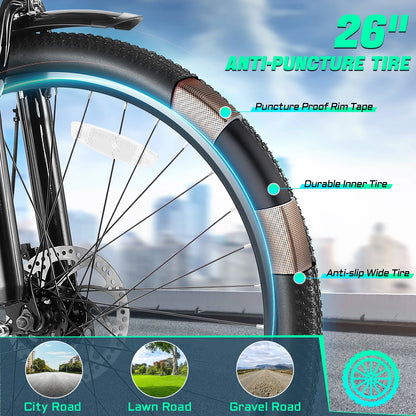 UL2849 Certified 26" Electric Bike for Adults, 750W Peak Motor, 48V 7.8Ah Battery, 19.8 Mph 7-Speed Commuter Ebike with Disc Brakes